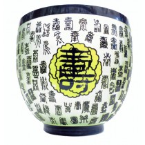 VASO CINESE GRANDE IN VETRO con caratteri in Rilievo su sfondo verde.D:28,5cm;H:26 "VITA LUNGA" IN CINESE STILI CALLAGRAFICI DIFFERENTI