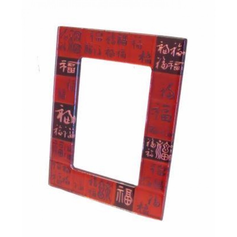 CORNICE FOTOGRAFICA PORTAFORTUNA IN VETRO ROSSO ANTICHE SCRITTURE"FELICITA'"