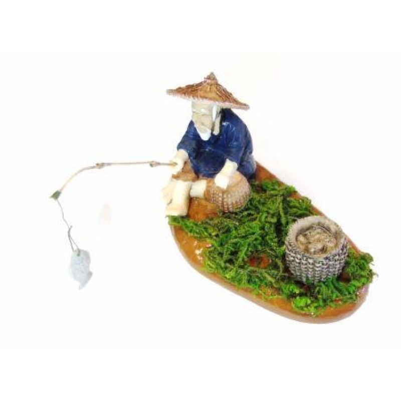SOUVENIR ARTIGIANALE VECCHIO PESCATORE CINESE IN RESINA E CERAMICA;OLD CHINESE FISHERMAN
